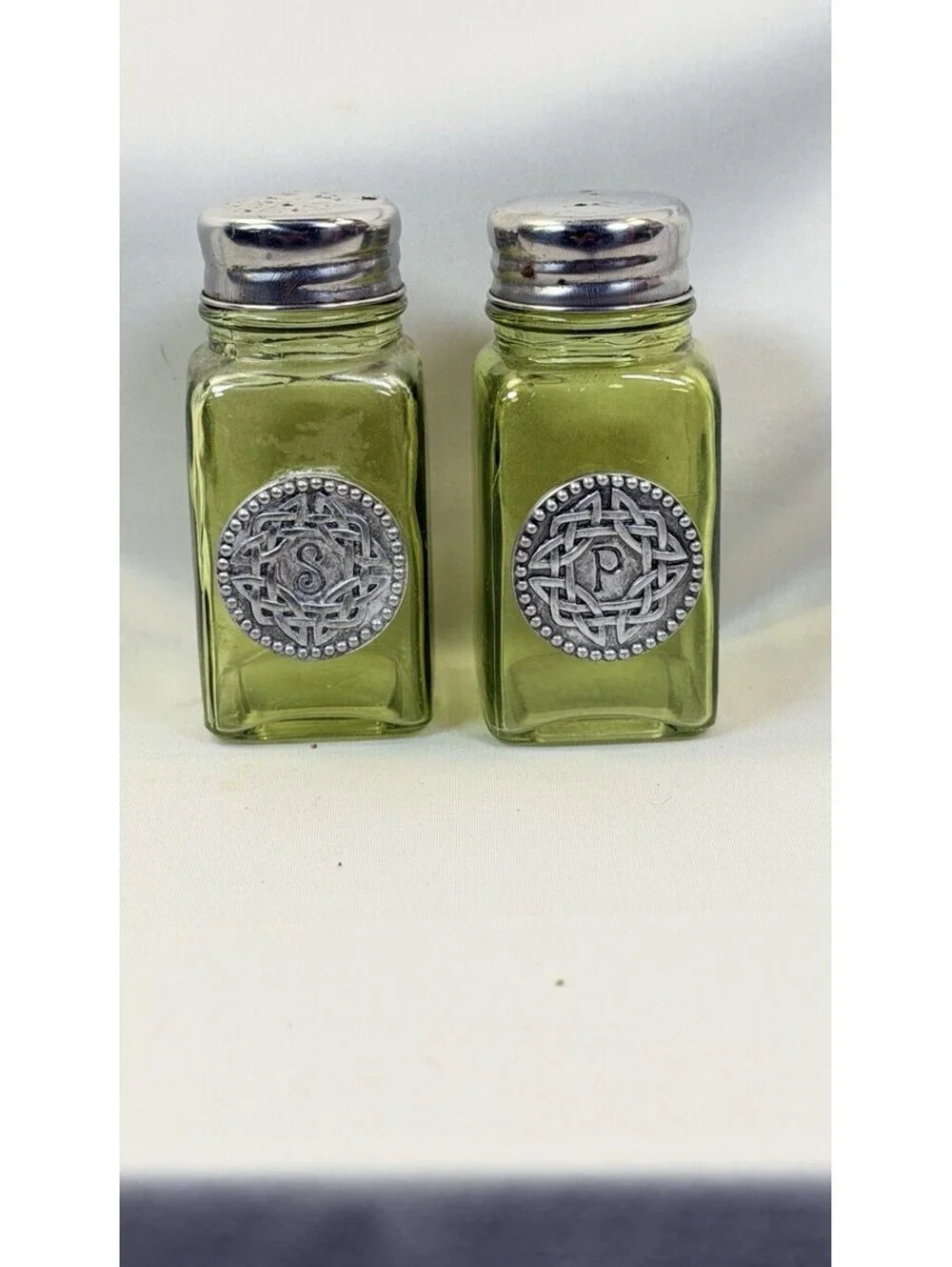 Grasslands Road Celtic Salt And Pepper Shaker Green Glass, Pewter